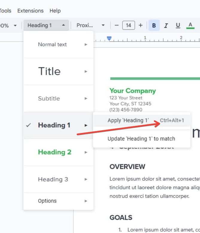 A screenshot showing the keyboard shortcut for applying Heading 1 in Google Docs 