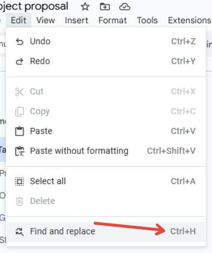 A screenshot showing a keyboard shortcut in Google Docs to find and replace text