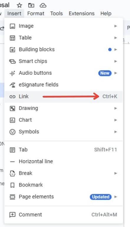 A screenshot of Google Docs keyboard shortcut for inserting links in text