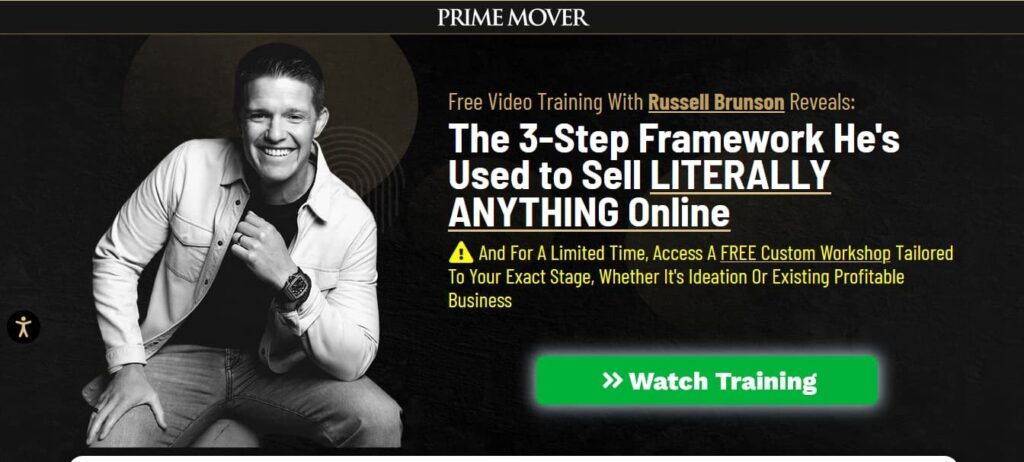 An example of a landing page. You can see the brand name, pre-header, main heading, subtitle, and first CTA. 