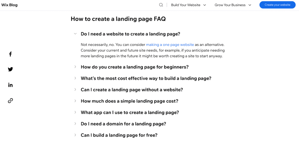 Wix’s landing page blog features a list of FAQs
