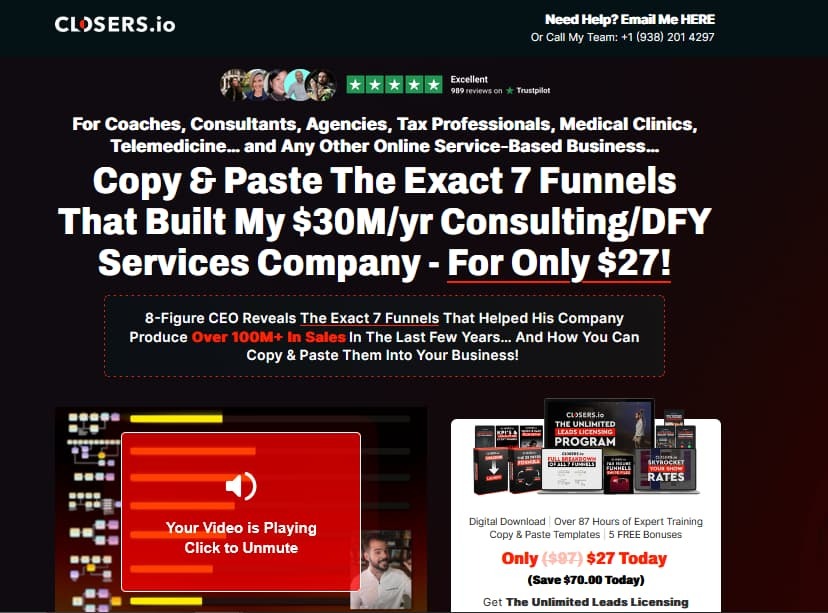 Partial screenshot of a sales page. Includes a direct call to the audience, trust ratings, main headline with a core promise, a short VSL on the left, and an initial CTA on the right.