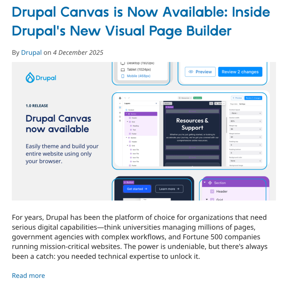 Drupal’s blog post launches Drupal Canvas