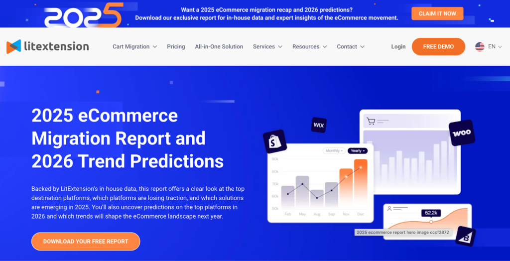 Landing page shows LitExtensions 2025 eCommerce Migration report