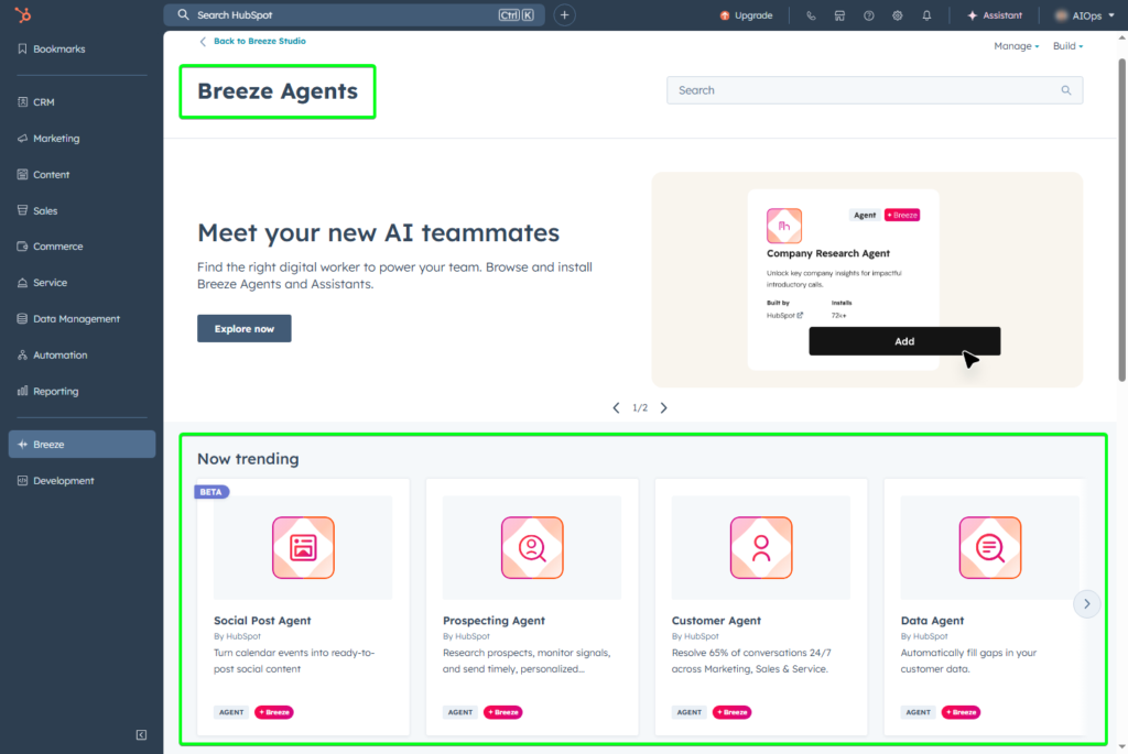 Screenshot of HubSpot's Breeze Agents library
