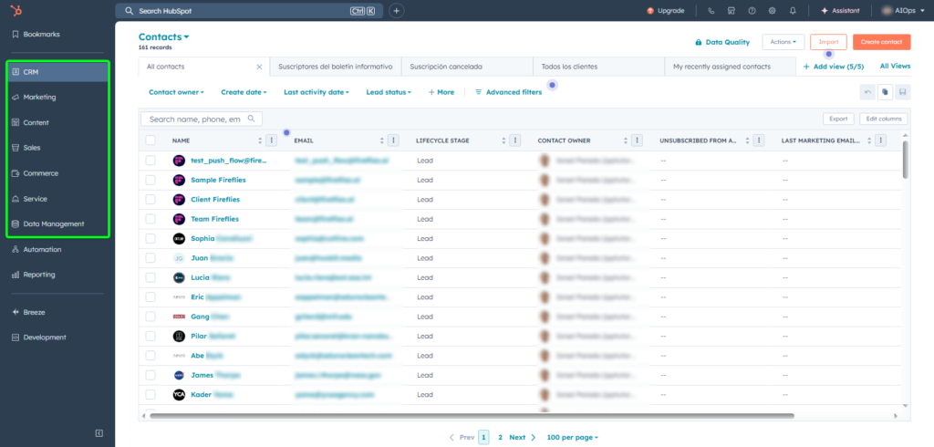 Screenshot of the HubSpot platform showing the CRM interface and highlighting the seven hubs