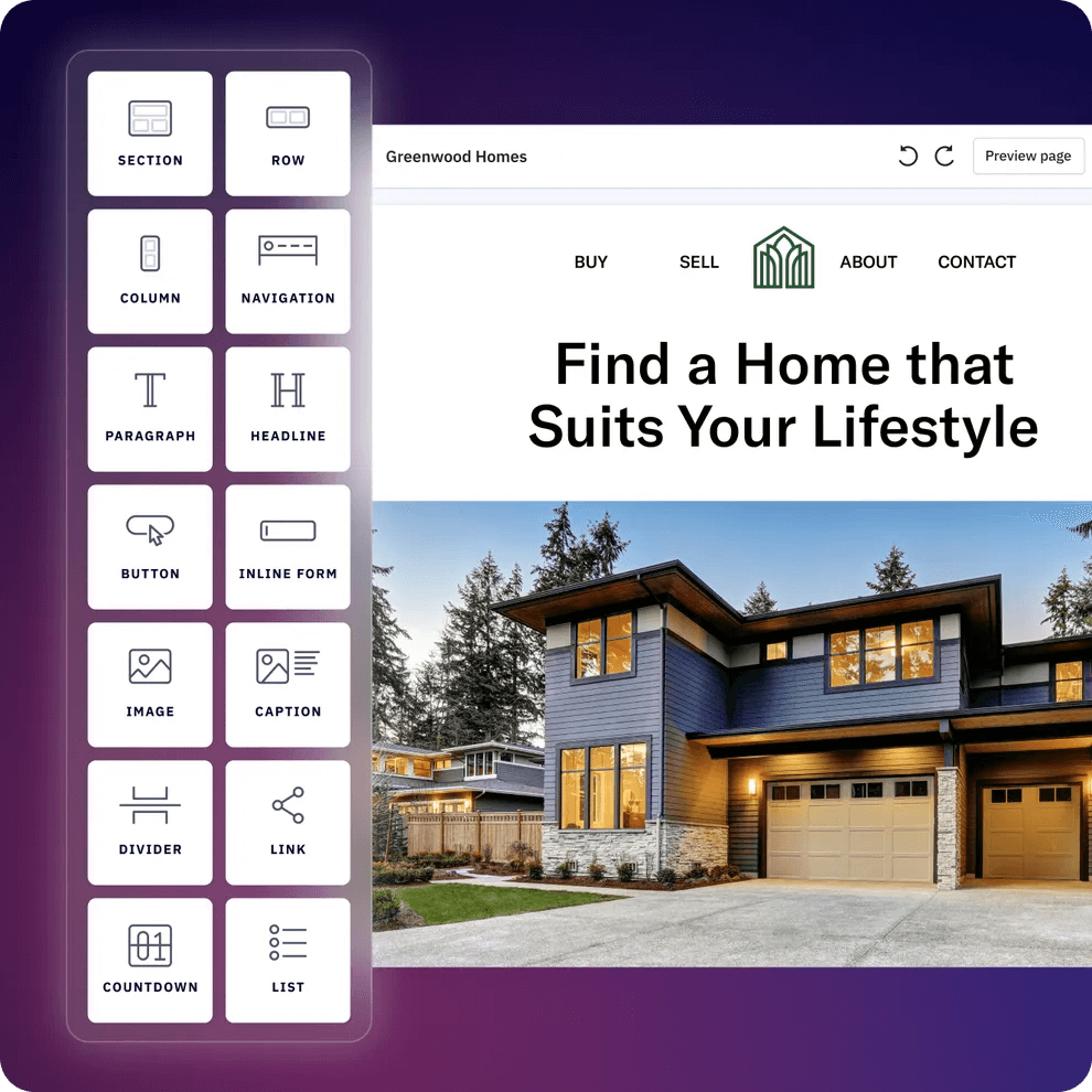 Screenshot of ActiveCampaign's Pages drag-and-drop landing page builder showing a real estate business landing page
