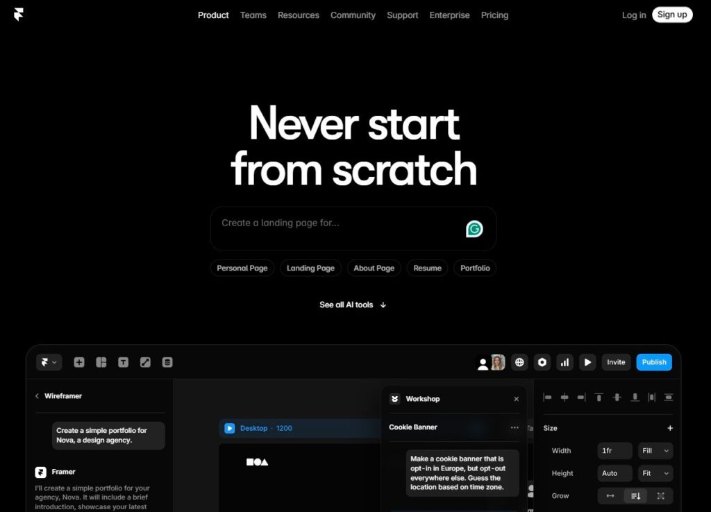 Screenshot of Framer AI's homepage.