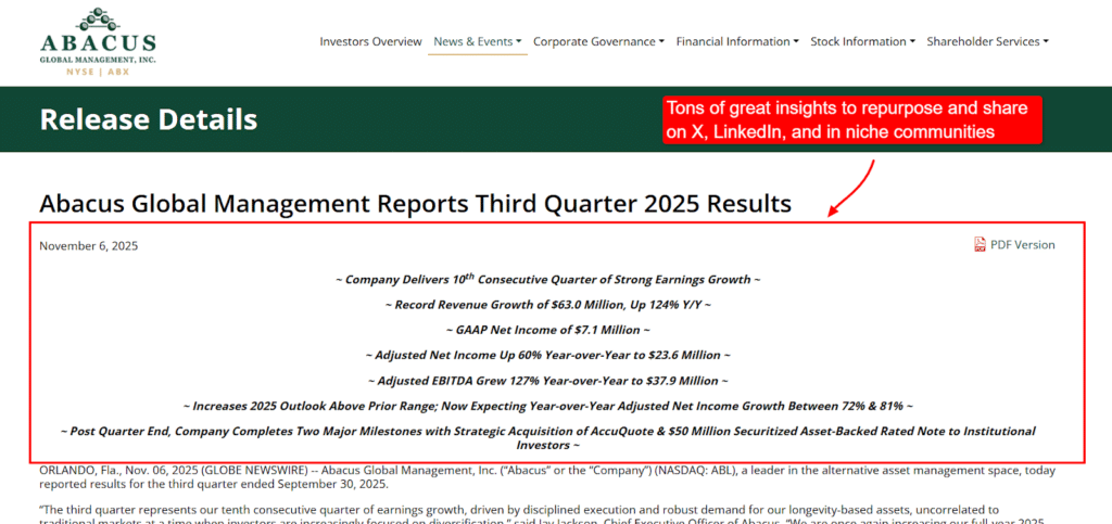 Abacus Global’s third quarter 2025 results screenshot. 