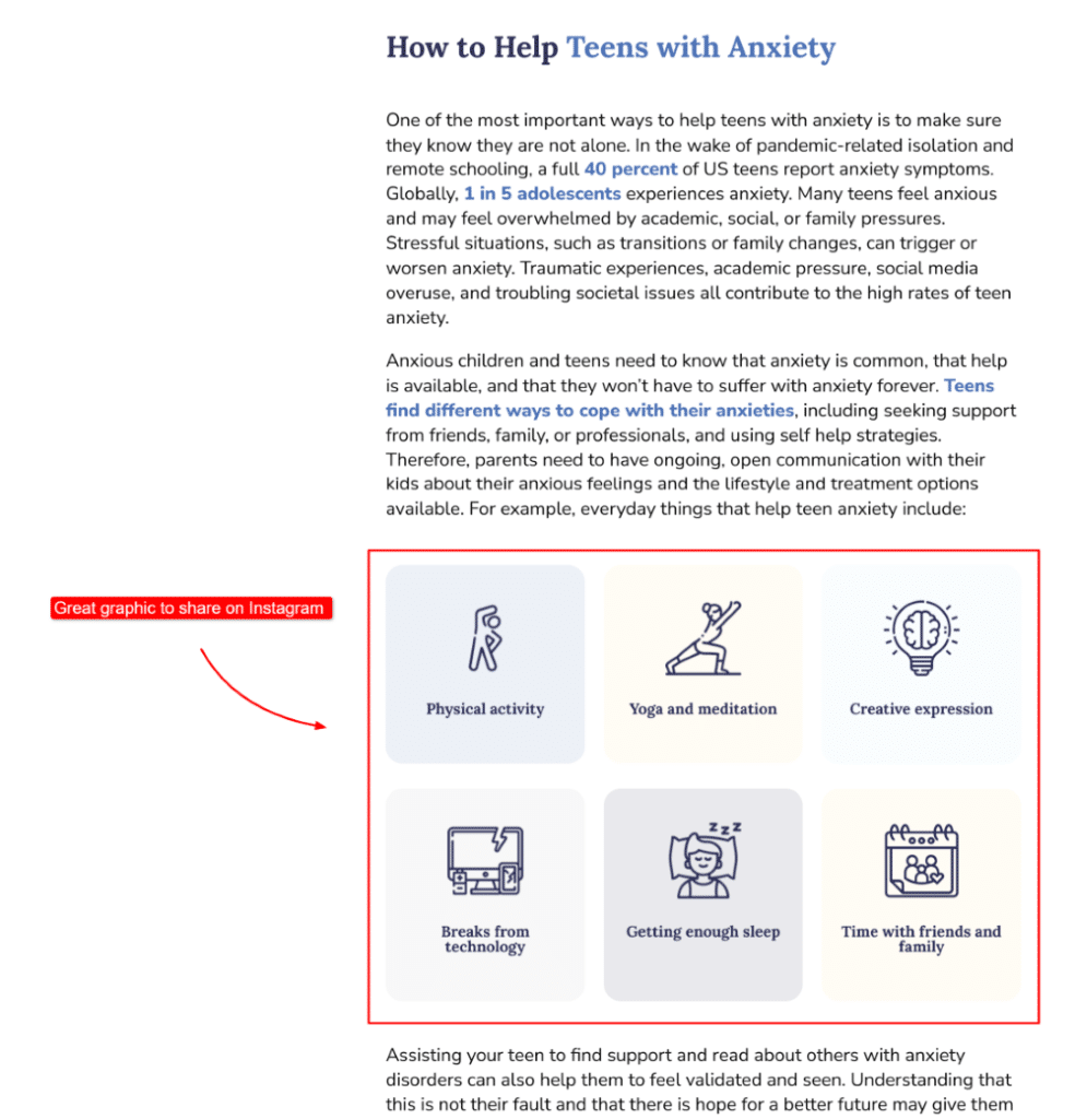 Graphic shows a potential snippet to repurpose from a blog to Instagram.