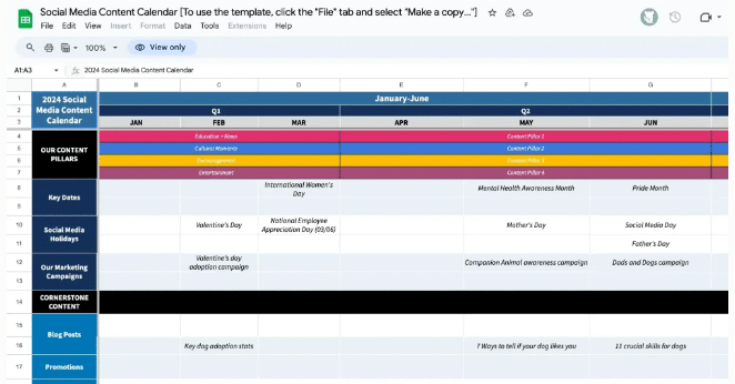 Social media content calendar.
