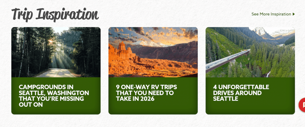 Trip inspo posts screenshot from the Cruise America site.