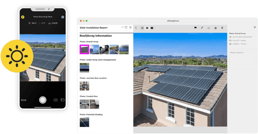 Solar CRM image shows how field teams collect job site photos and data.
