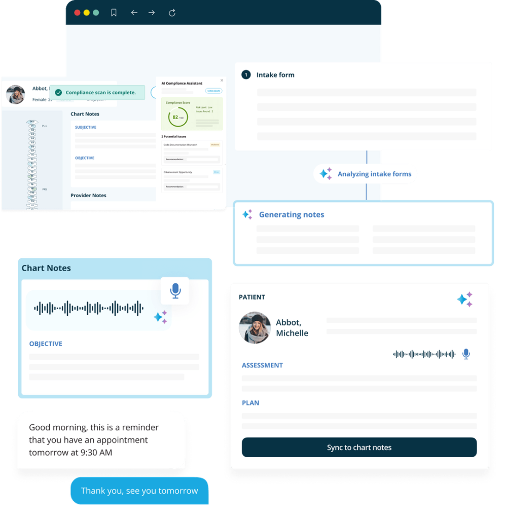 ChiroTouch image shows how ChiroTouch helps with patient intake, chart notes, and more.
