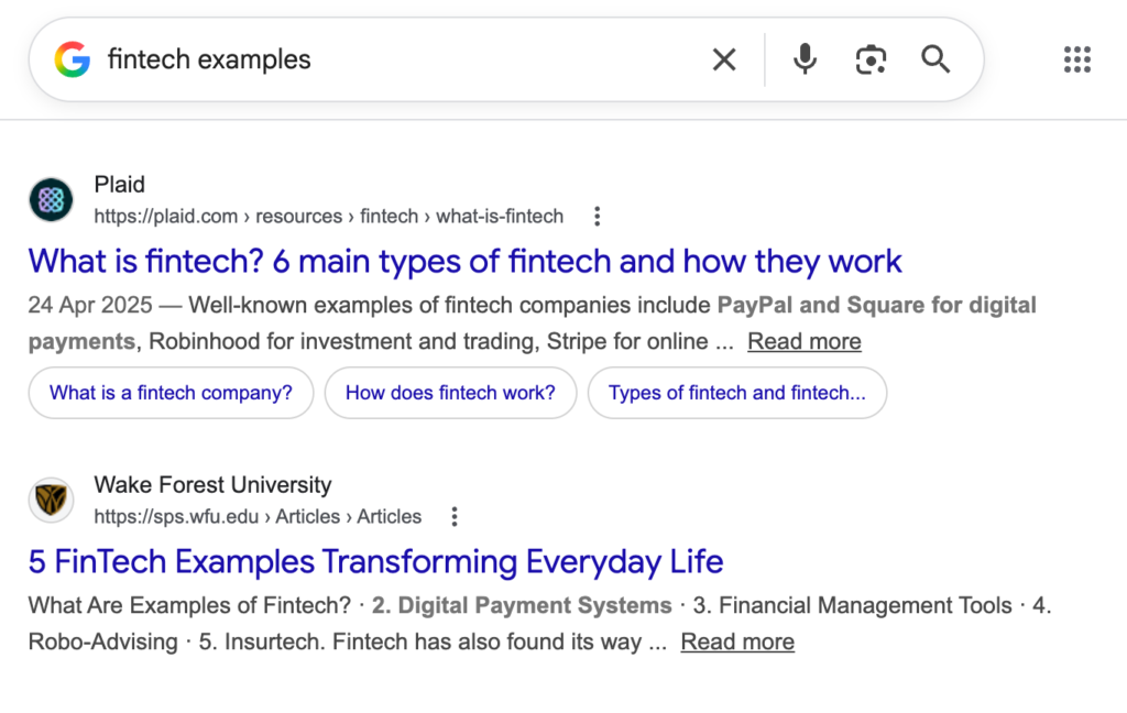 Google search results showing fintech headline structure in SERP.