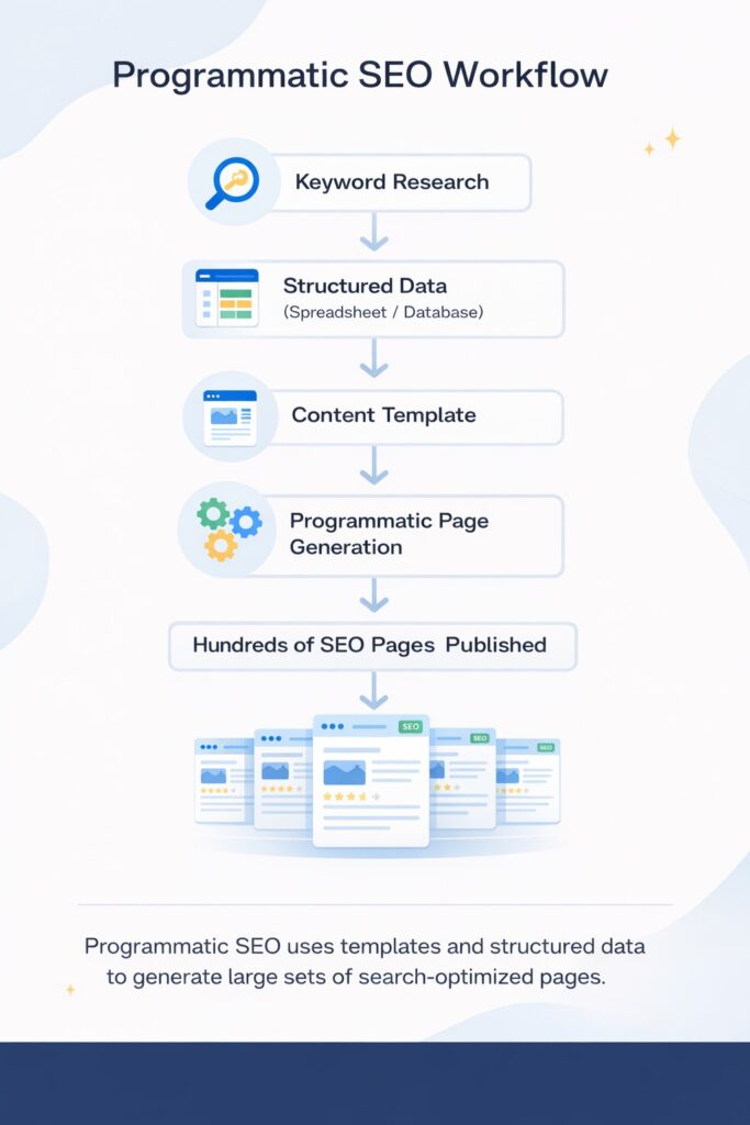 Flow diagram shows the stages of programmatic SEO production.
