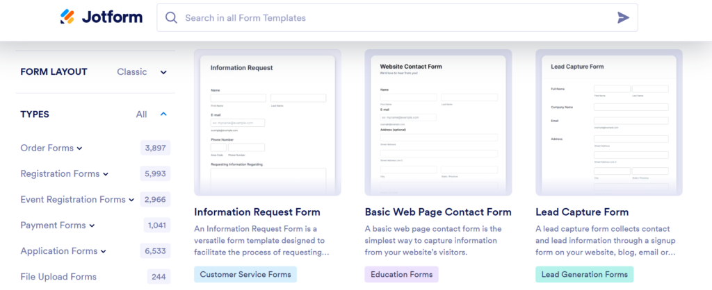 Screenshot shows Jotform templates.