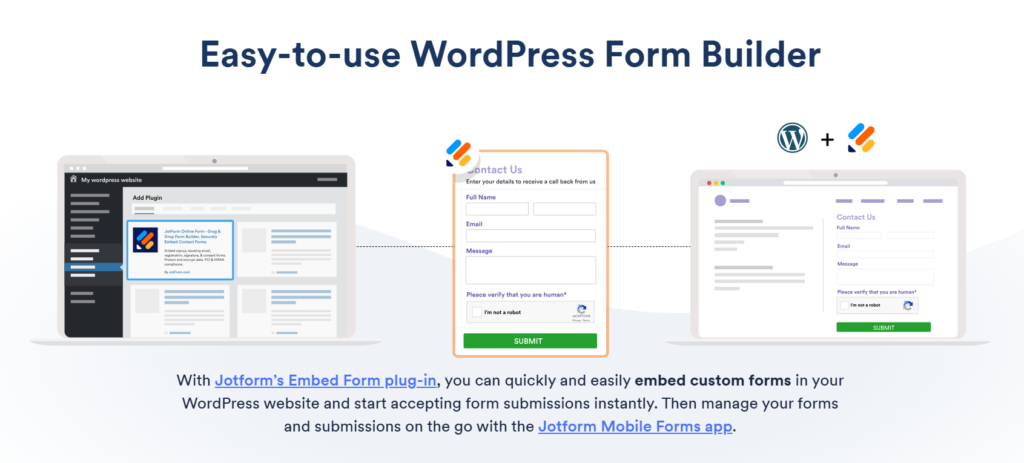 Screenshot shows Jotform’s Embed Form plug-in.