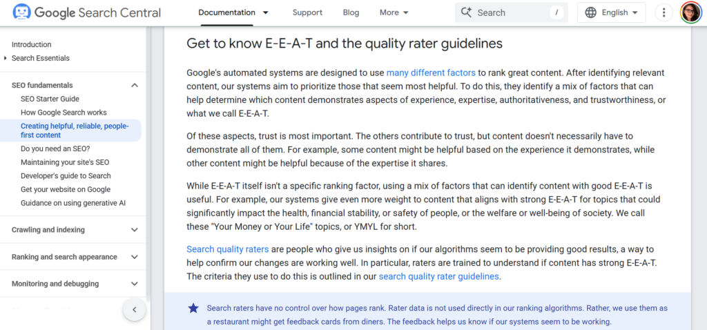 Screenshot shows an E-E-A-T guide by Google.
