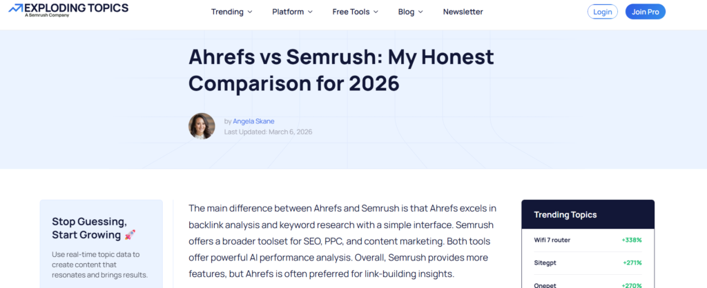 A comparison post between Ahrefs and Semrush:
