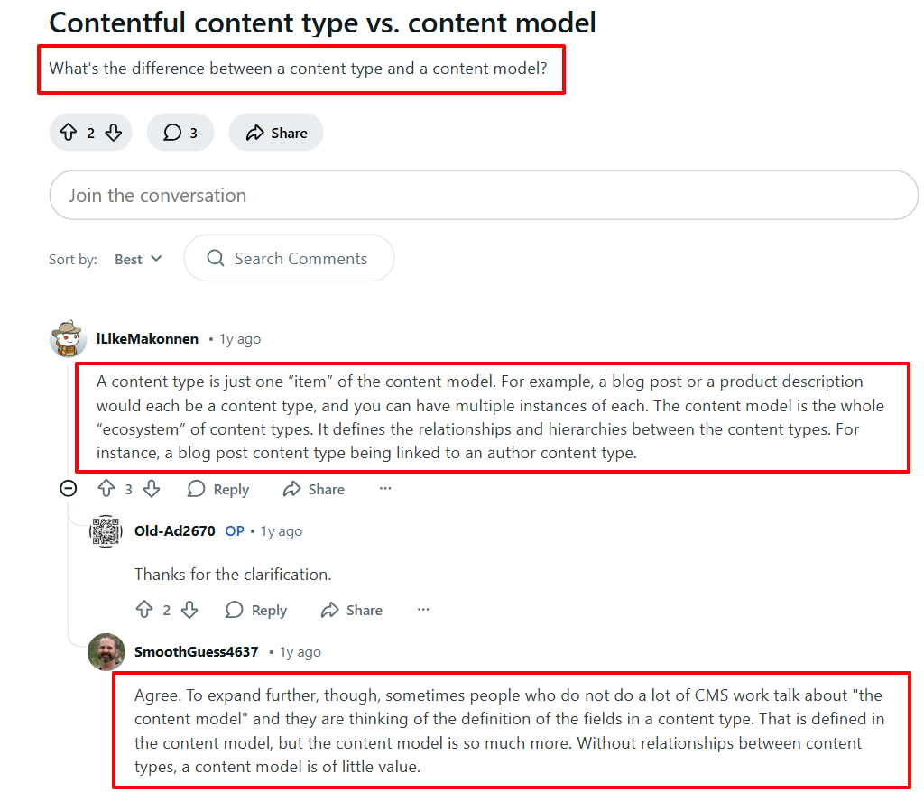 A Reddit thread discusses the difference between a “content type” and a “content model.” 