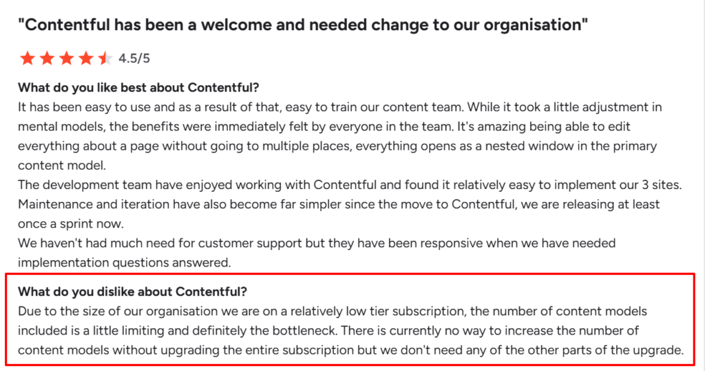A G2 review mentions Contentful’s steep pricing issues. 