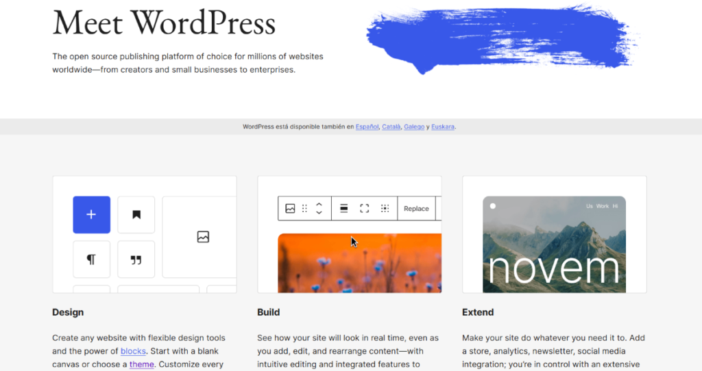 Wordpress dot org home page.