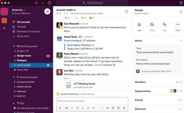 Screenshot of Slack, a communication tool for teams.