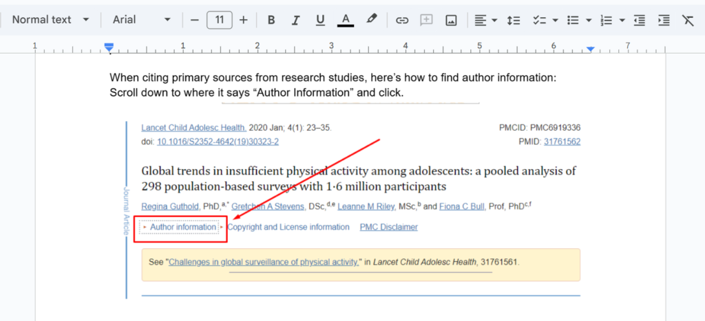 Citing Sources
Screenshot shows how to find author information to cite sources properly. 
