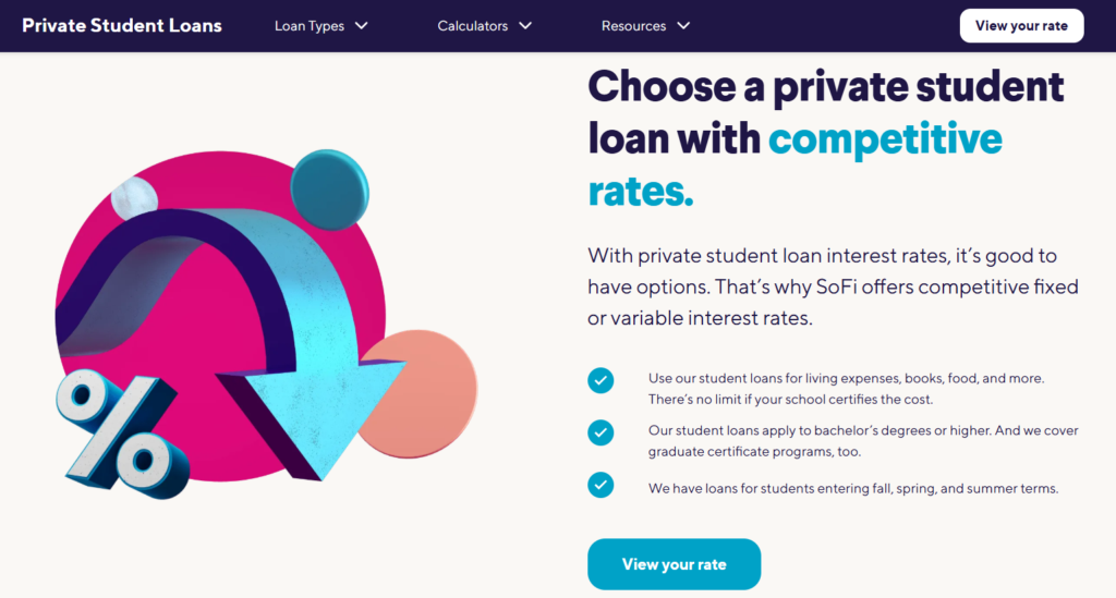 Image shows private student loan rate invitation with competitive rates and a cta button.
