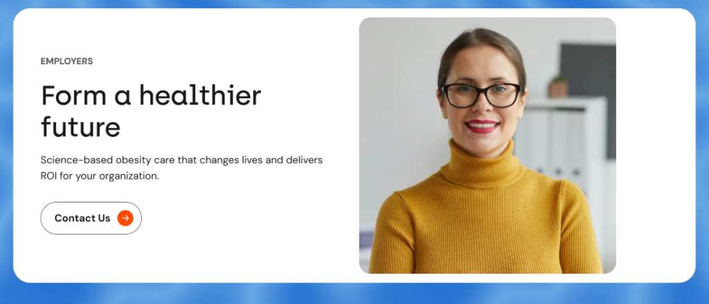 Image of a smiling woman with text recommending obesity care and a cta button to get in touch. 
