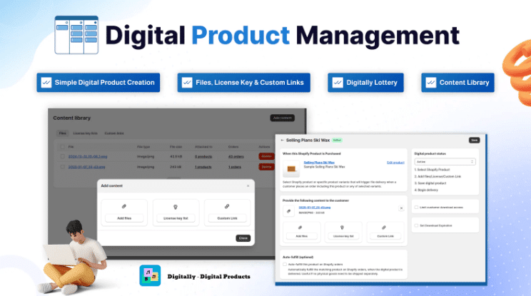 Digital product dashboard with files, license keys, and download links