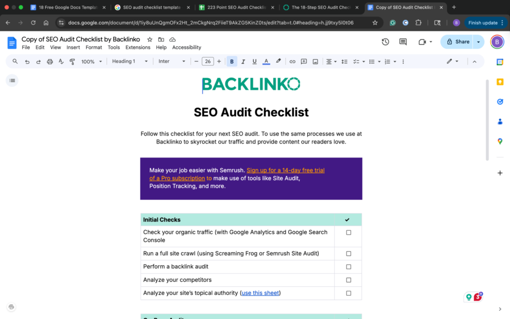 SEO audit checklist Google Docs template
