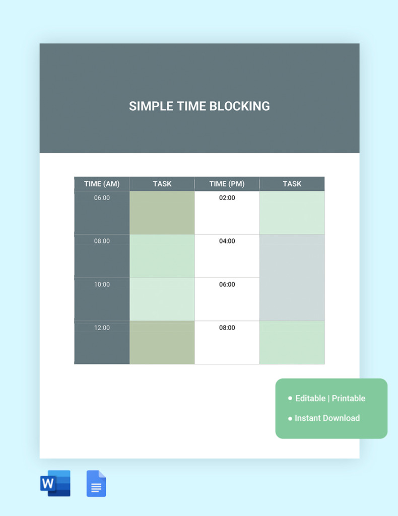 Time blocking Google Docs template