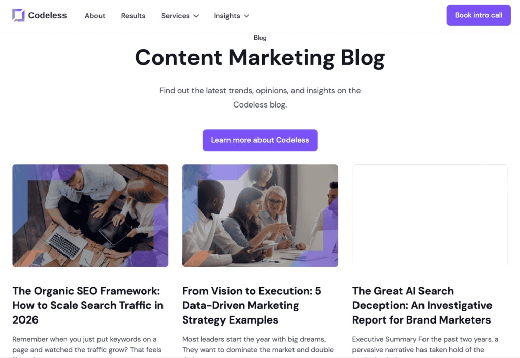 Screenshot of Codeless Content Marketing Blog