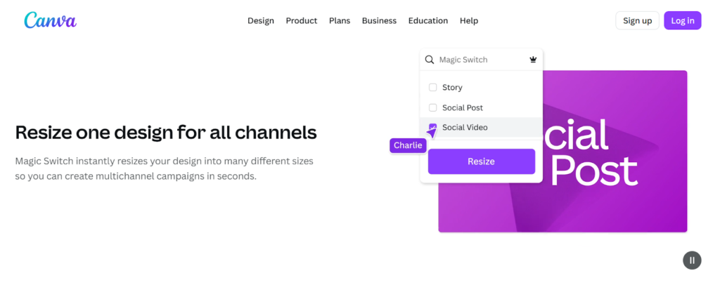 Screenshot showcasing Canva’s magic resizer tool for social media marketing.