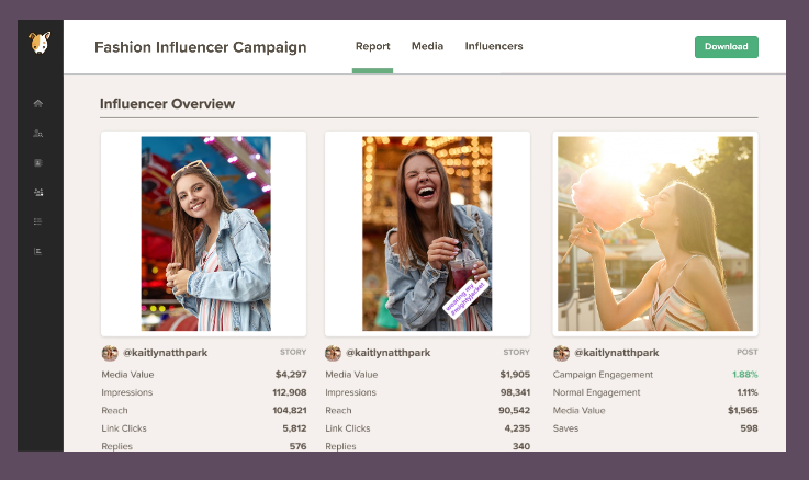 Screenshot showing fashion influencers available for hire.