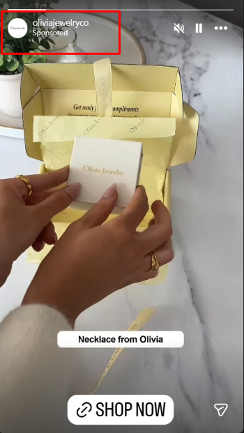 An ad shown in Instagram Stories by Olivia Jewelry. 