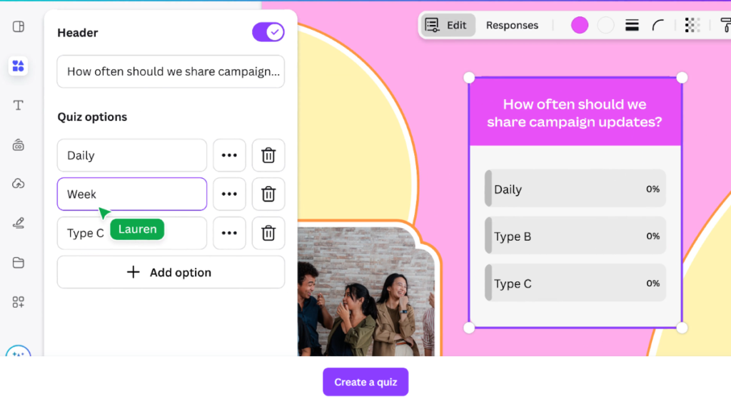 An example of a quiz maker tool inside of Canva.