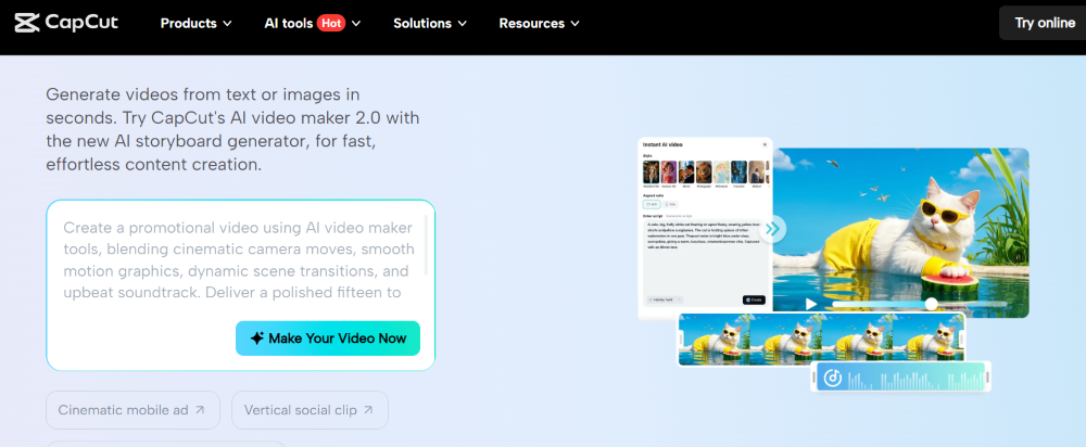 Screenshot of CapCut’s AI video generator for social media marketing.