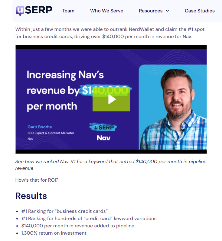 Nav case study screenshot from the uSERP site.
