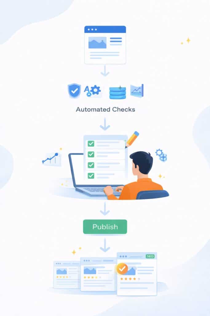 Workflow shows automated validation and editor review before publishing programmatic SEO pages.
