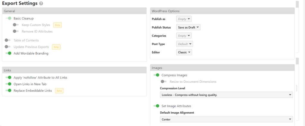 Export settings inside WordPress dashboard