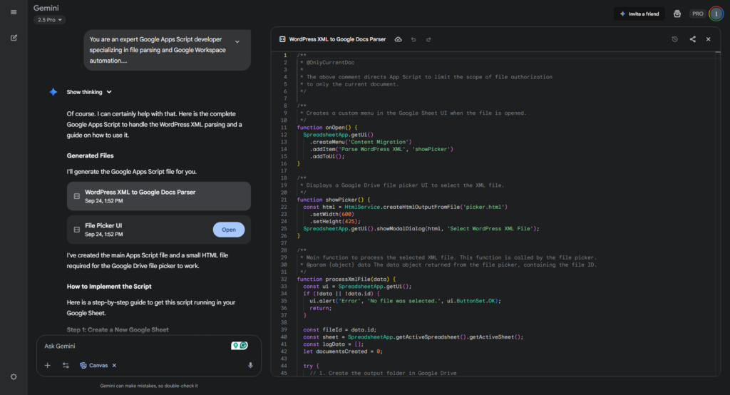 Creating and implementing a Google Script for auto parsing an exported XML file with Gemini