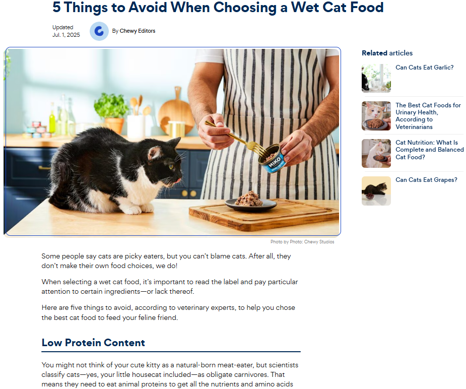 Chewy's blog post on what to avoid when choosing wet cat food. 