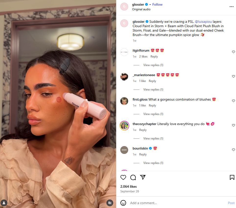 Glossier's Instagram post featuring a user using their product.