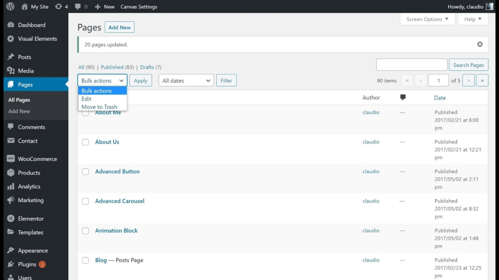 WordPress dashboard shows Pages screen with bulk actions highlighted.
