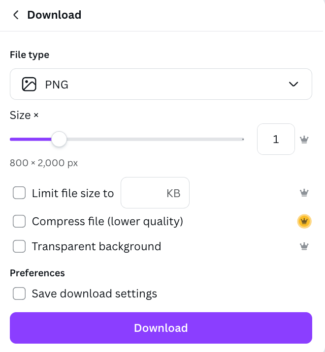 Canva Download Options
Canva download wizard shows options for file type, file size, and file quality.