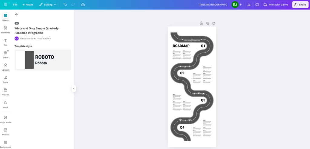 Canva Roadmap Infographic Template
Canva template shows roadmap design for an infographic.