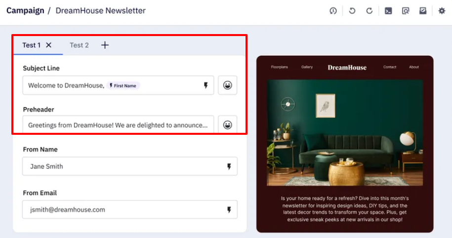 Email subject line A/B test features screenshot. 